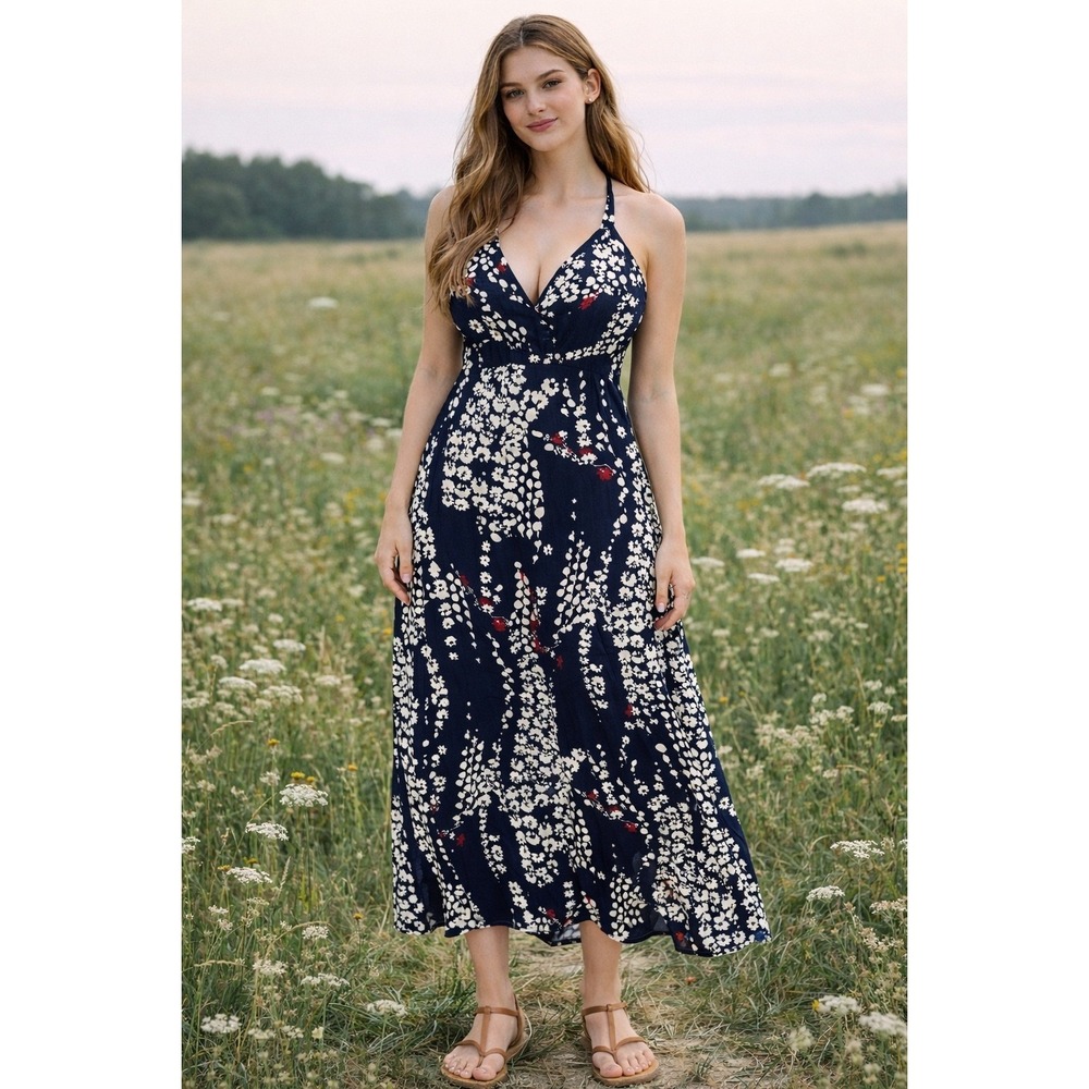 Vintage Express Dress Small Halter Babydoll Floral Maxi Fairy‎ Y2k Beachy Whimsy